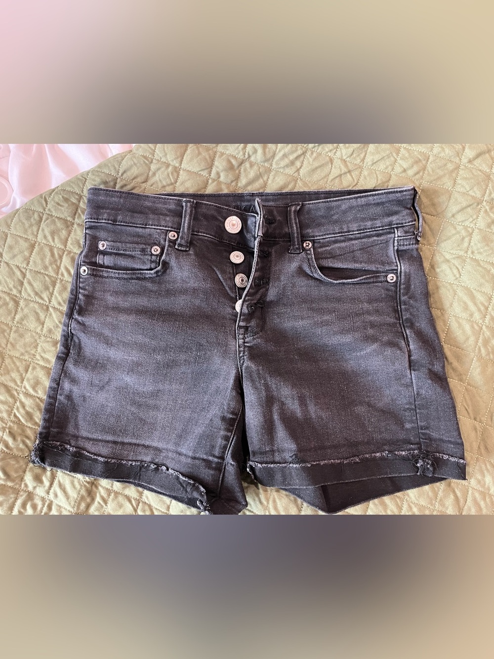 American Eagle Outfitters Black Washed Denim Button-Front Shorts